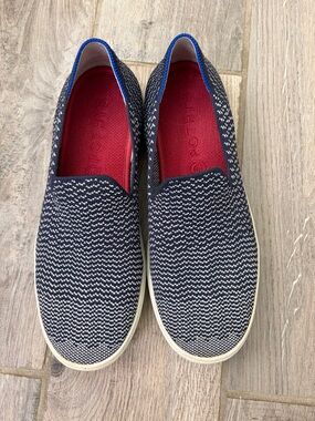 Rothy's Navy and White Woven Slip-On Loafers with Red, rare, no longer made
